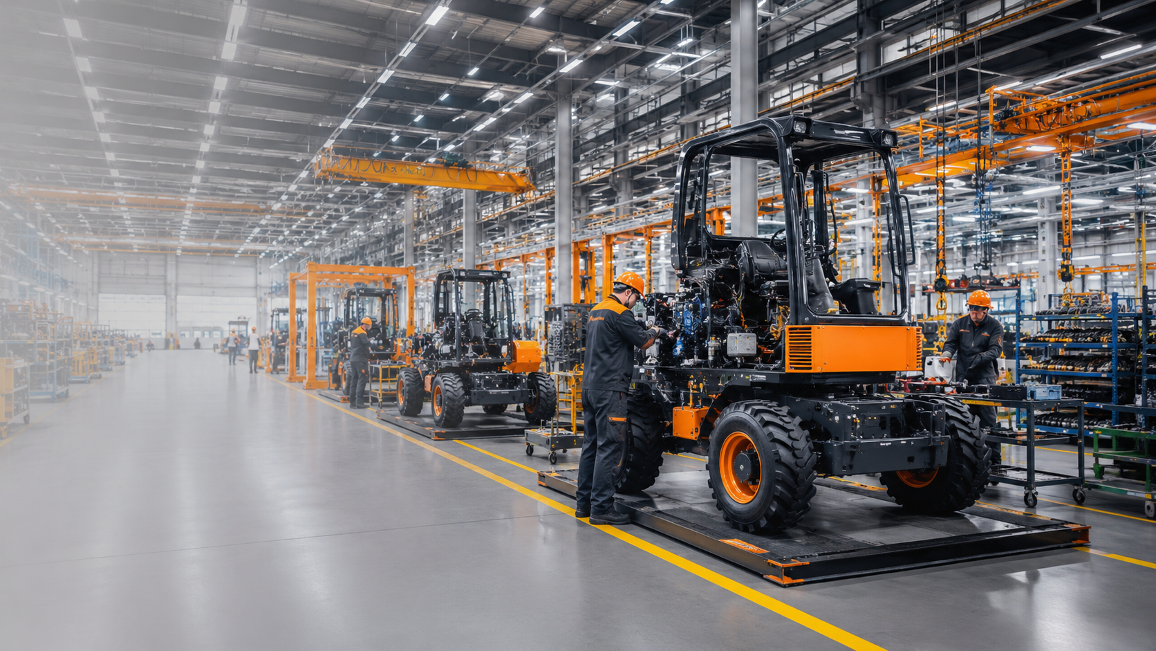 KLIONCE machinery assembly line with technicians at work